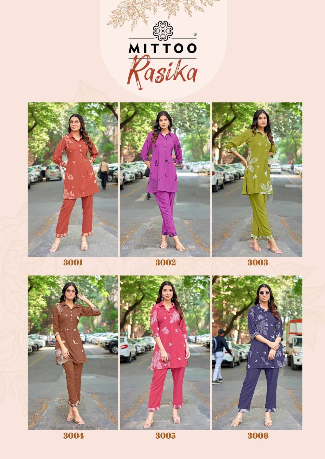 Rasika By MITTOO 3001 To 3006 Series Beautiful Festive Suits Colorful Stylish Rayon Print Co-ord sets At Wholesale Price